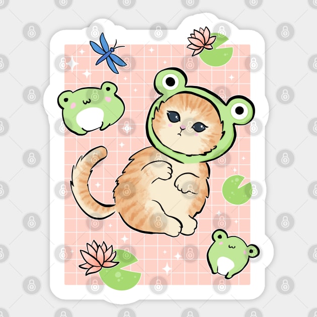 Cat in Hilarious Frog Costume Joins Kawaii Toads for a Retro 90s Cottagecore Adventure Sticker by Ministry Of Frogs